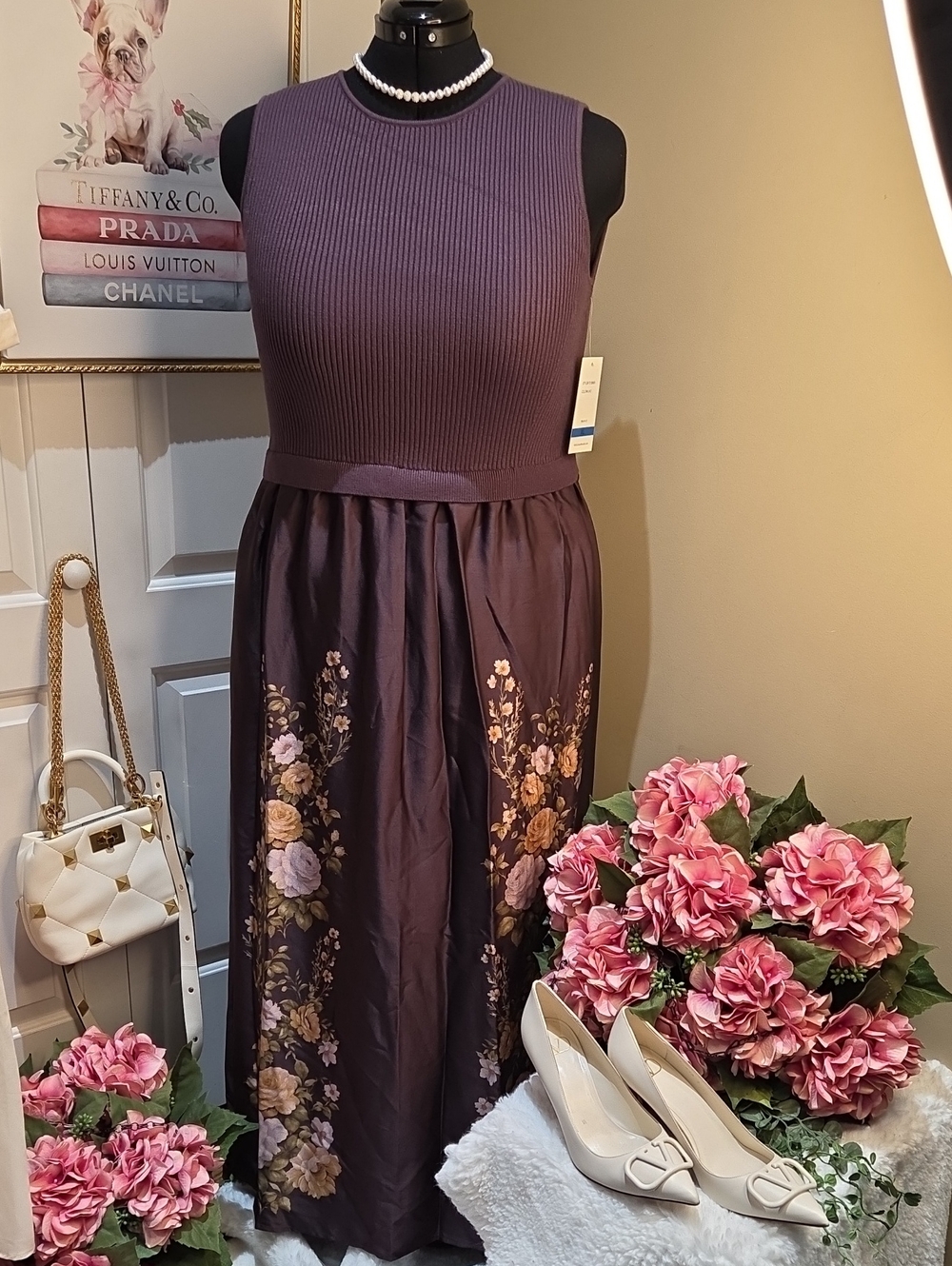 Nwt XL, Large Taylor Burgundy/purple Ribbed Tank Maxi Dress with Taupe Floral